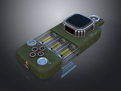 3D Rendered Green Mechanical Device With Display Screen Gear Knobs And Yellow Components 3d model