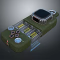 3D Rendered Green Mechanical Device With Display Screen Gear Knobs And Yellow Components