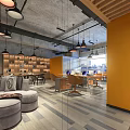 Modern Public Office Space With Yellow Walls Gray Ceiling And Hanging Pendant Lights