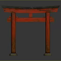 Red Traditional Japanese Torii Gate With Wooden Structure And Stone Base