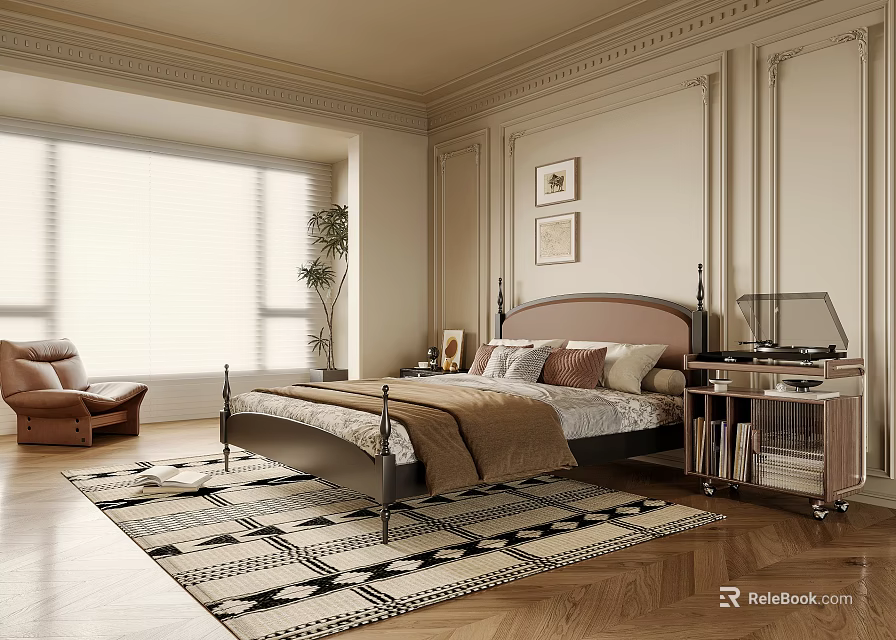 Stylish Modern Bedroom Interior Design With Bed Rug Armchair And Window Blinds 3d model 