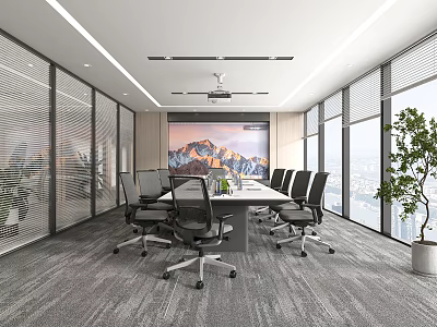 Modern Conference Room With Long Table Black Office Chairs Large Screen Mountain And City Views 3d model