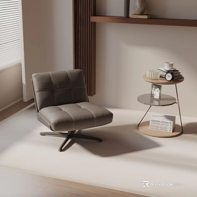 Modern Gray Leather Leisure Chair with Square Tufted Design Swivel Base and Side Table 3d model 
