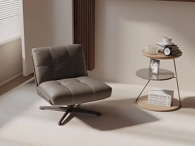 Modern Gray Leather Leisure Chair with Square Tufted Design Swivel Base and Side Table 3d model