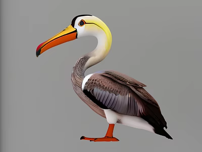 Striking Pelican Aquatic Bird With Orange Beak Gray And White Feathers Standing 3d model