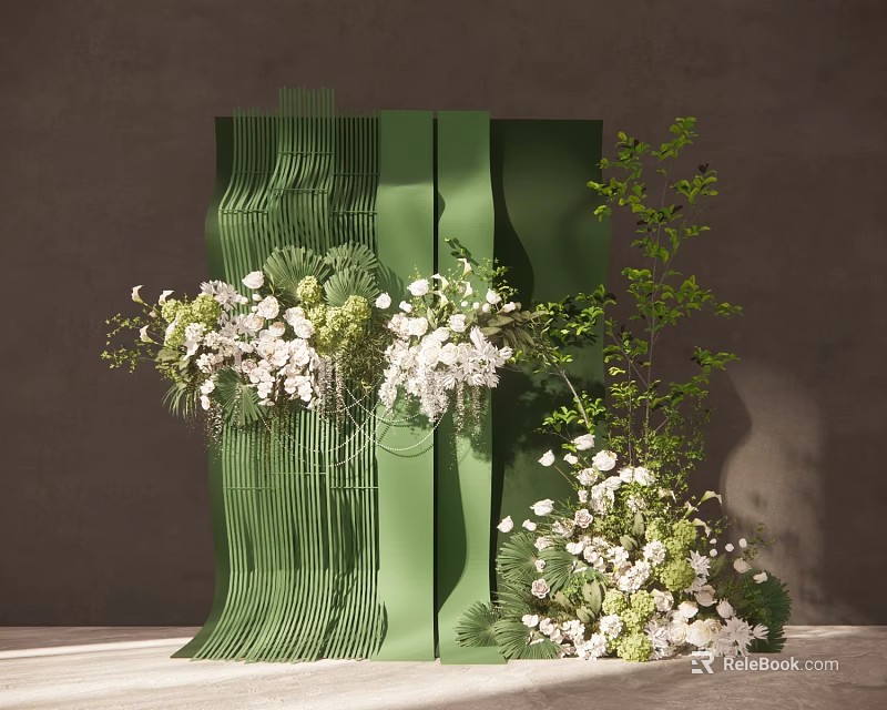 Floral Display With Artistic Green Structured Backdrop White Flowers And Lush Foliage Modern Decorative Arrangement 3d model 