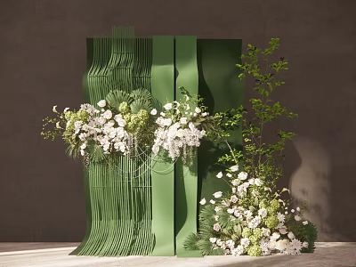 Floral Display With Artistic Green Structured Backdrop White Flowers And Lush Foliage Modern Decorative Arrangement 3d model