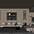 Elegant Modern Living Dining Room Interior With Sofa Coffee Table Bookshelf And Lighting