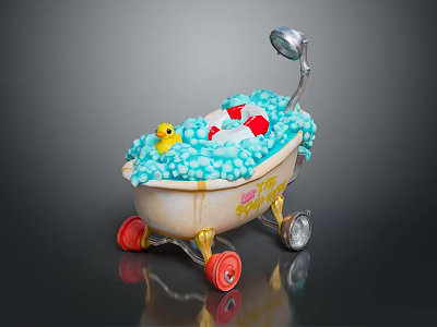 Cute Bathtub with Red Wheels Blue Bubbles Yellow Rubber Duck and Colorful Toys 3d model
