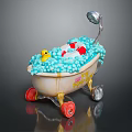 Cute Bathtub with Red Wheels Blue Bubbles Yellow Rubber Duck and Colorful Toys