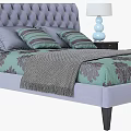 Double Bed With Tufted Gray Headboard Green Patterned Bedspread And Nightstands With Blue Table Lamps 3d model
