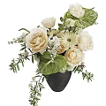 Floral Arrangement in Black Vase With White Roses Green Leaves And Small Flowers
