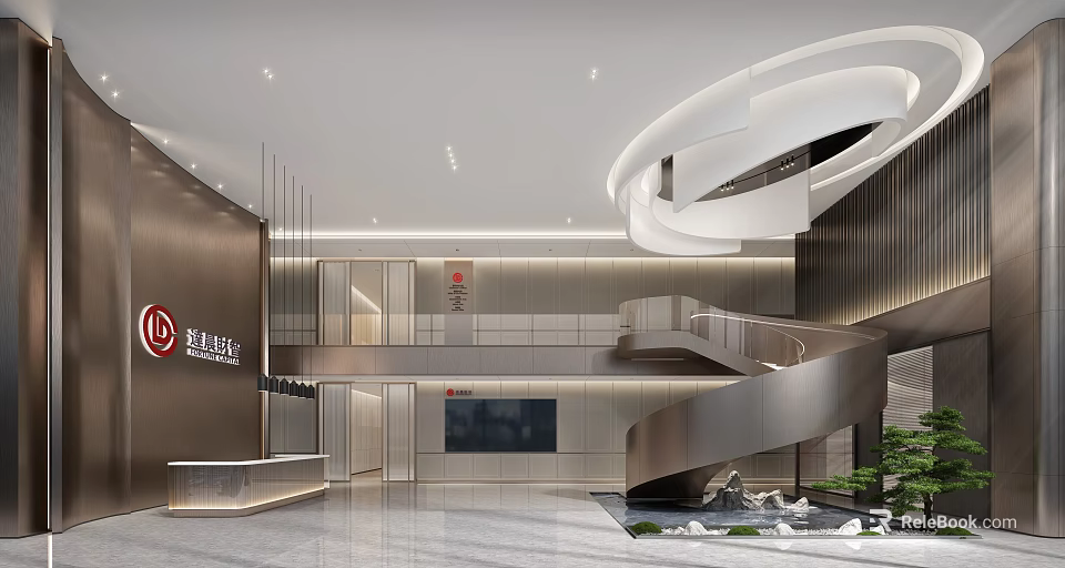 Modern Reception Desk in Corporate Lobby with Spiral Staircase Marble Floor and Digital Screen 3d model 