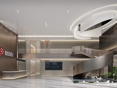 Modern Reception Desk in Corporate Lobby with Spiral Staircase Marble Floor and Digital Screen 3d model