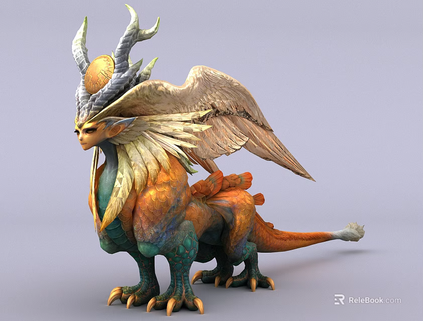 Detailed 3D Rendering of Mythical Horned Winged Reptile with Colorful Scales and Feathered Wings 3d model 
