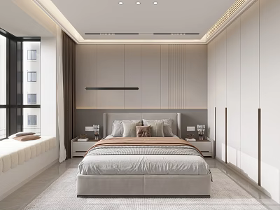 Modern Bedroom Interior Design With Large Bed Nightstands Built in Wardrobes And Window Decor 3d model