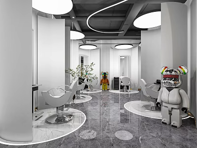 Elegant Modern Hair Salon Interior With White Pillars Round Mirrors And Styling Chairs 3d model