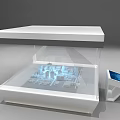 Tobacco and Liquor Store With Transparent Cabinets Blue Glowing Countertop Lighting Shelves And Tech Feel