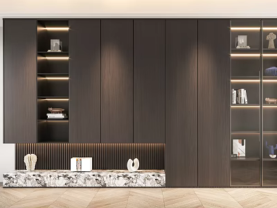Modern Dark Wooden Bookcase With Glass Doors Lighting Strips And Marble Countertop 3d model
