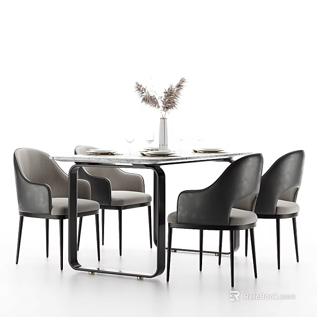 Dining Table Set With Black Metal Frame Grey Upholstered Chairs And Decorative Vase Plates 3d model 