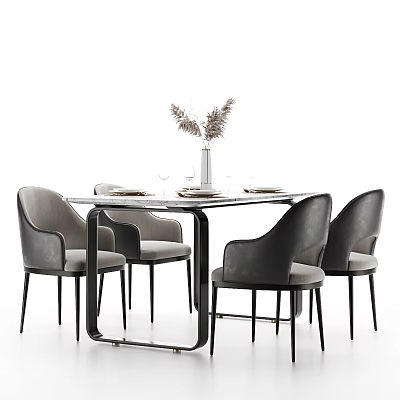 Dining Table Set With Black Metal Frame Grey Upholstered Chairs And Decorative Vase Plates 3d model