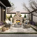 Courtyard Garden With Outdoor Fireplace Comfortable Sofa Chairs Lavender Plants And Decorative Trees