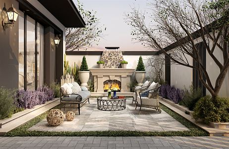 French Courtyard Villa Courtyard View 3d model