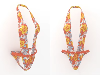 Summer Orange Floral Print Halter Bikini Top and Bottom Set 3d model