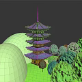 Multi Tiered Blue Roof Pagoda Structure Surrounded By Green Trees And Hills