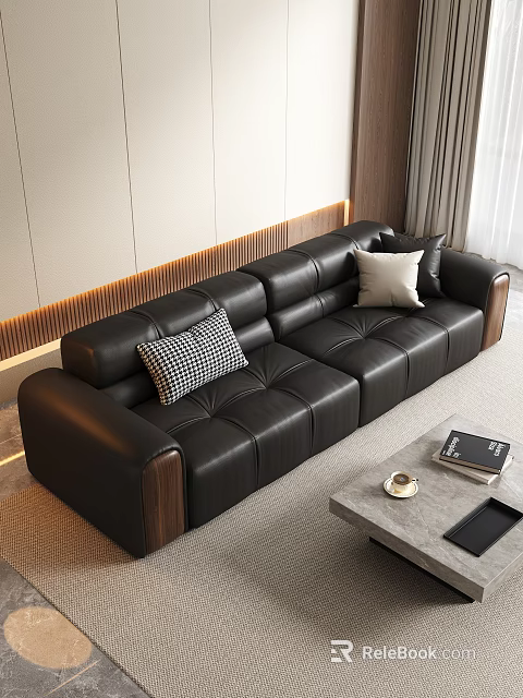 Modern Living Room Black Leather Sofa Coffee Table Set With Plaid And Solid Pillows 3d model 