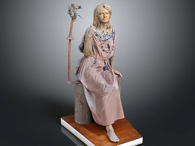 Seated Female Sculpture With Ornate Dress Beaded Necklace And Bird Creature Decoration 3d model