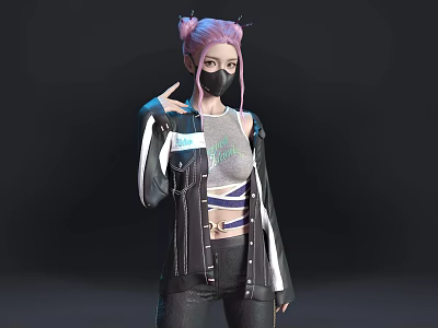 Stylish Woman With Pink Hair Wearing Mask Gray Cropped Top Black Jacket White Stripes 3d model