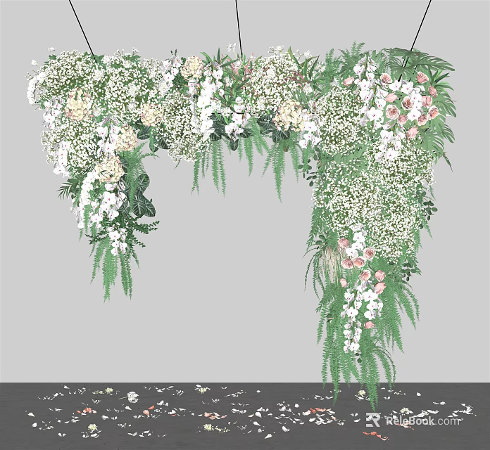 Floral Arch With White Pink Flowers Green Leaves And Hanging Foliage For Wedding Decor 3d model 