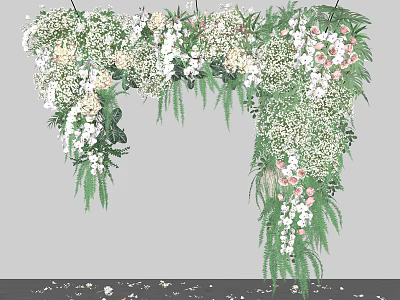 Floral Arch With White Pink Flowers Green Leaves And Hanging Foliage For Wedding Decor 3d model