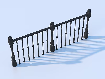 Black Iron Railing With Vertical Bars And Decorative Posts On Light Blue Background 3d model
