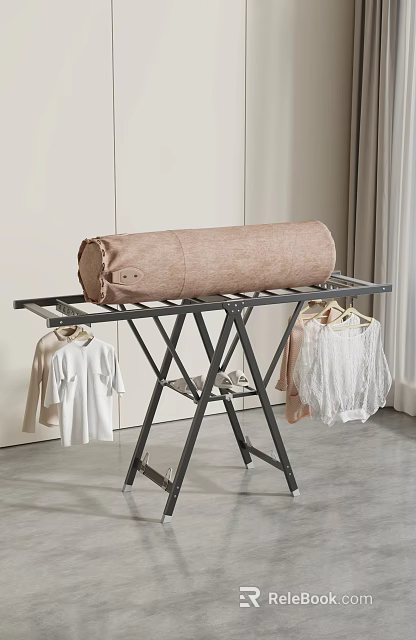 Living Room Interior Design With Clothes Drying Rack Rolled Mat Hanging Clothes Light Curtain 3d model 