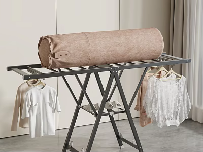 Living Room Interior Design With Clothes Drying Rack Rolled Mat Hanging Clothes Light Curtain 3d model