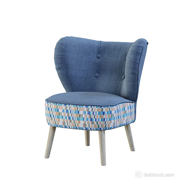 Blue Accent Chair With Colorful Checkered Seat Base And Light Wooden Legs 3d model 