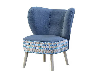 Blue Accent Chair With Colorful Checkered Seat Base And Light Wooden Legs 3d model