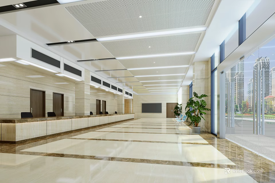 Spacious Modern Service Hall Interior With Reception Counters Marble Floors And Green Plants 3d model 