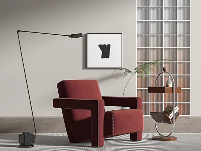 Red Single Sofa In Living Room With Floor Lamp Framed Artwork And Side Table Plant 3d model