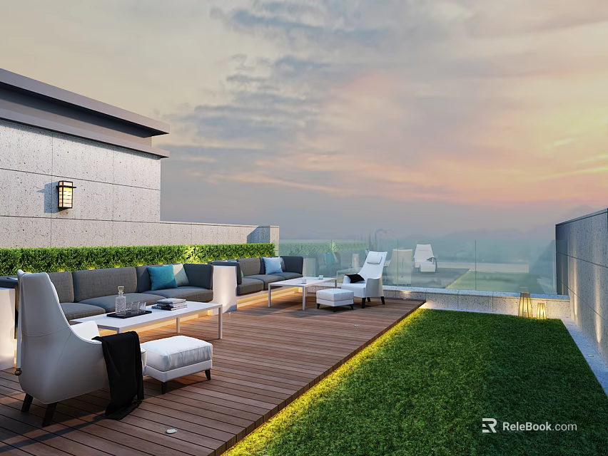 Modern Terrace Garden Design With Wooden Deck Outdoor Sofa And Green Plants 3d model 