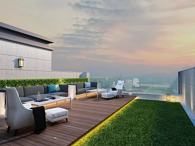 Modern Terrace Garden Design With Wooden Deck Outdoor Sofa And Green Plants 3d model