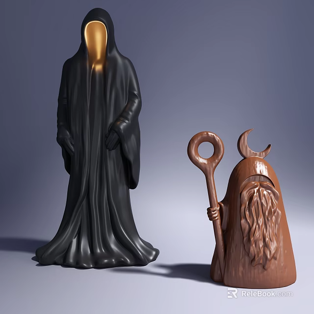 Sculptural Carvings Including Black Robe Golden Head and Brown Horned Staff Holding Bearded Figure 3d model 