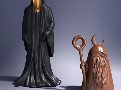 Sculptural Carvings Including Black Robe Golden Head and Brown Horned Staff Holding Bearded Figure 3d model