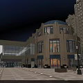 Commercial Street Evening Scene With Domed Building Large Glass Windows People Walking Benches Street Lamps