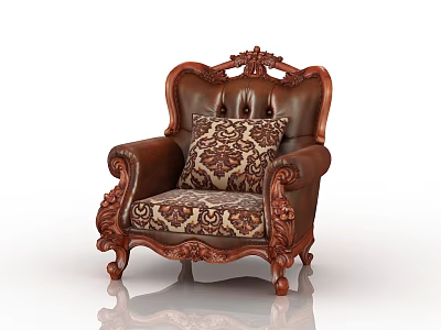 Classic Carved Single Sofa With Leather Backrest Fabric Cushion And Patterned Pillow 3d model
