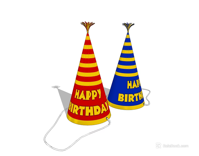 Decorative Ornament Set With Striped Design Red Yellow Blue Yellow Birthday Hats Happy Birthday Text 3d model 
