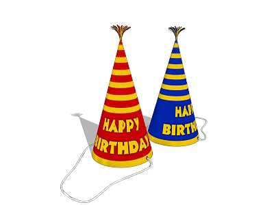 Decorative Ornament Set With Striped Design Red Yellow Blue Yellow Birthday Hats Happy Birthday Text 3d model