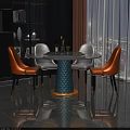 Modern Dining Table Set With Round White Tabletop Blue Pedestal And Orange White Chairs